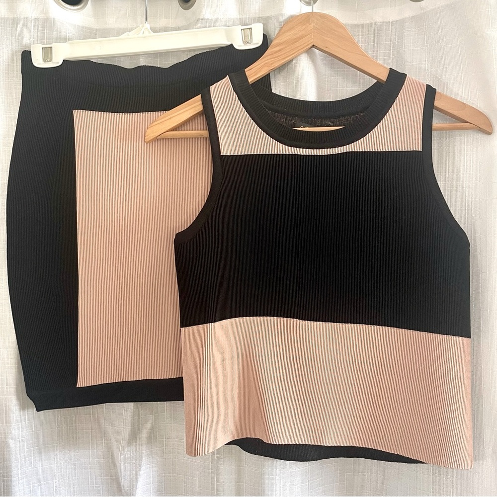 NWT- AS by DF, Black and Tan bound knit set- shift top and skirt.